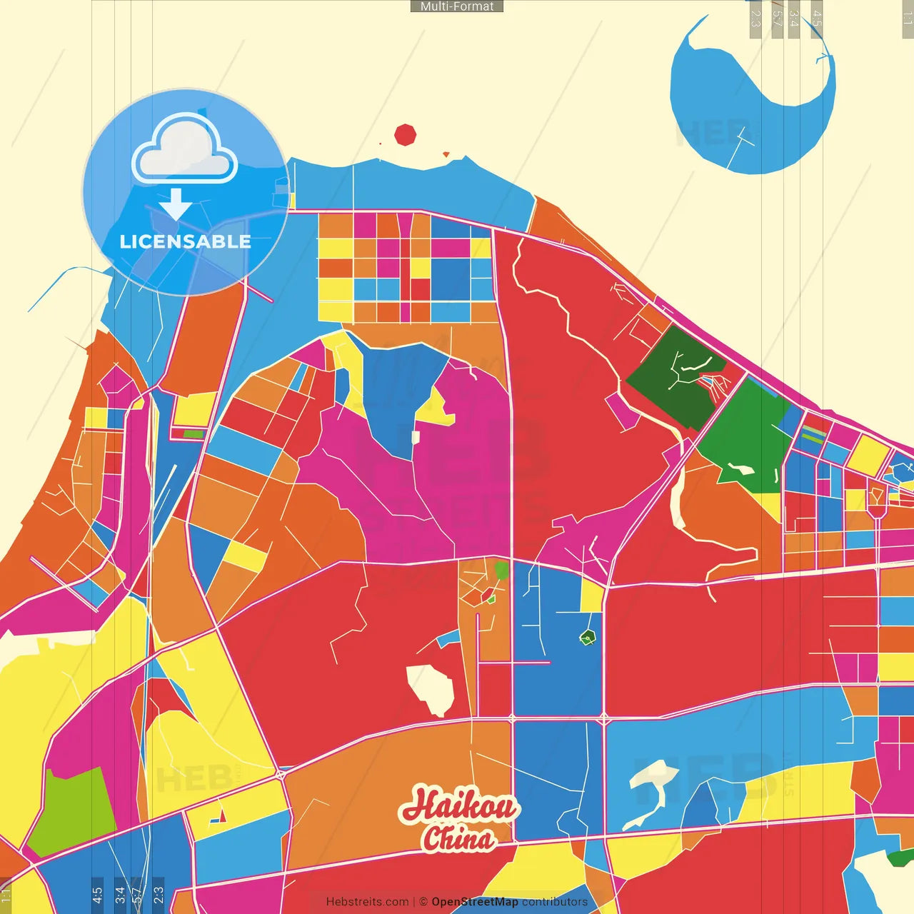 Haikou, Hainan, China Crazy Colorful Street Map Poster Template