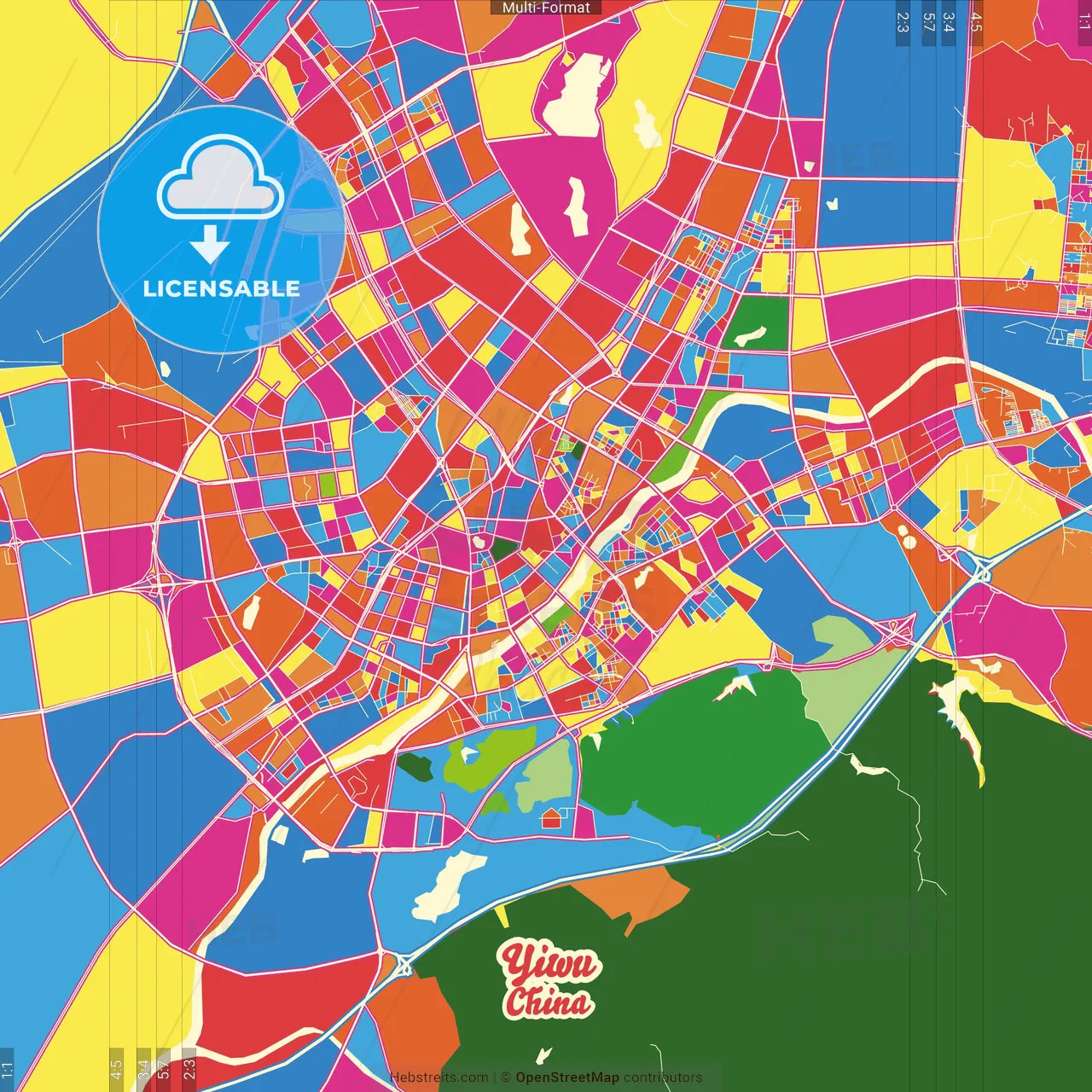 Yiwu, Zhejiang, China Crazy Colorful Street Map Poster Template