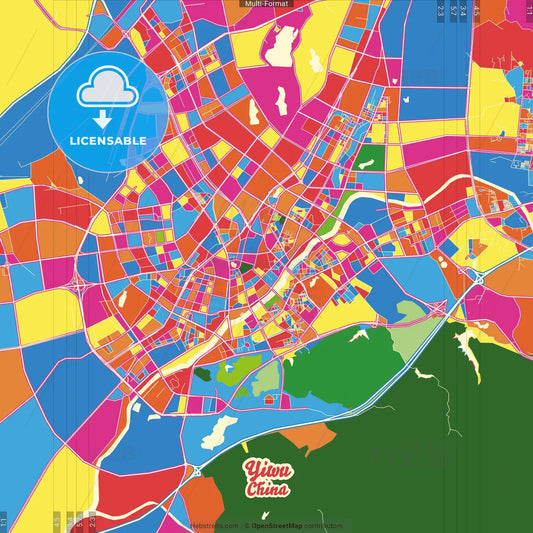 Yiwu, Zhejiang, China Crazy Colorful Street Map Poster Template