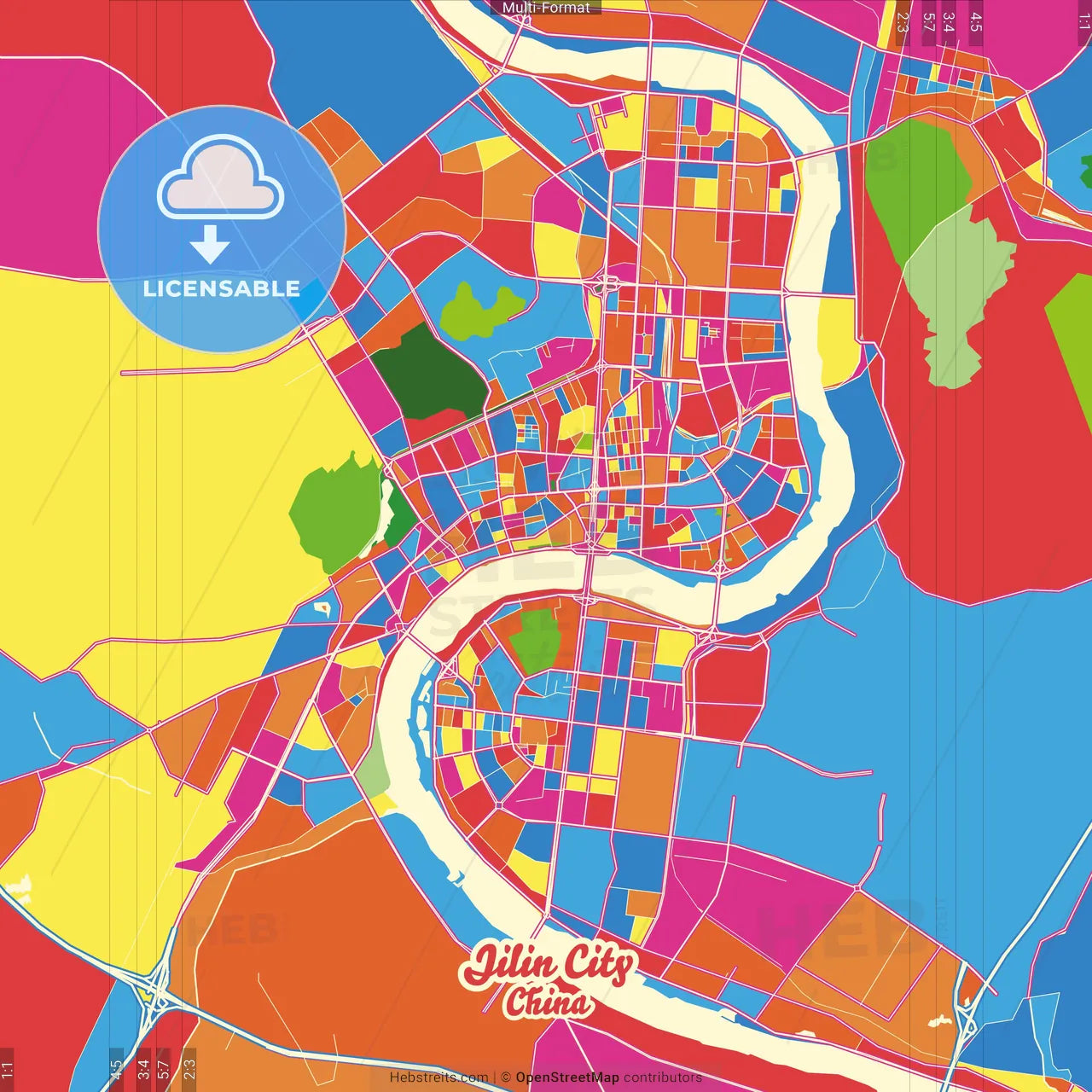 Jilin City, Jilin, China Crazy Colorful Street Map Poster Template