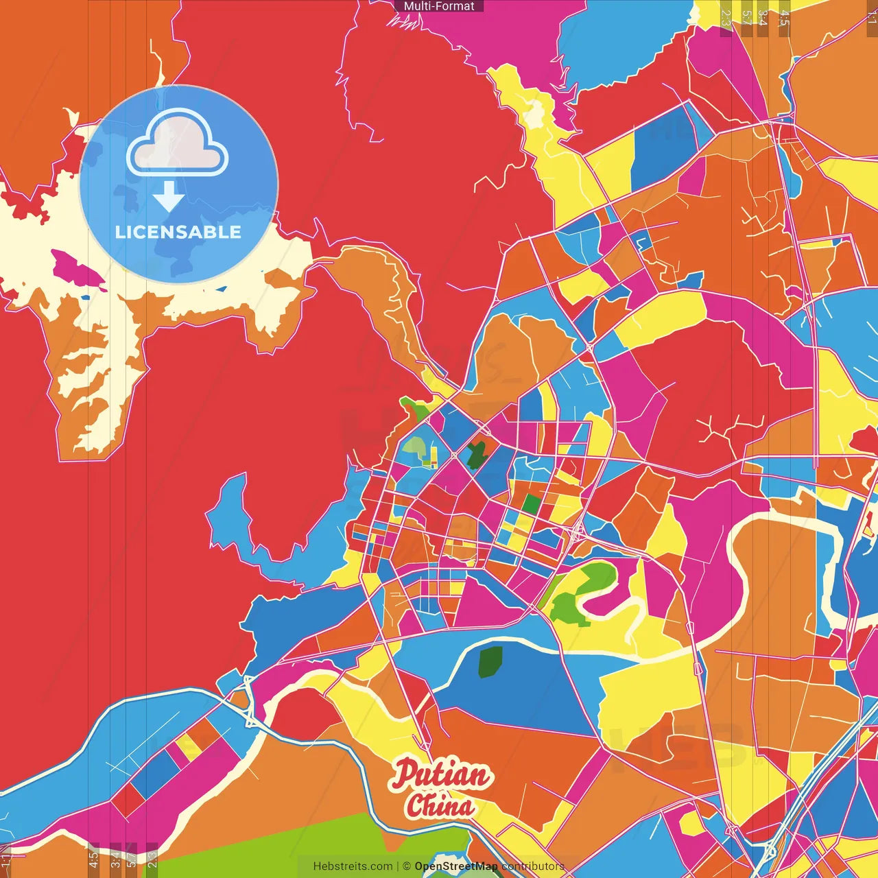 Putian, Fujian, China Crazy Colorful Street Map Poster Template