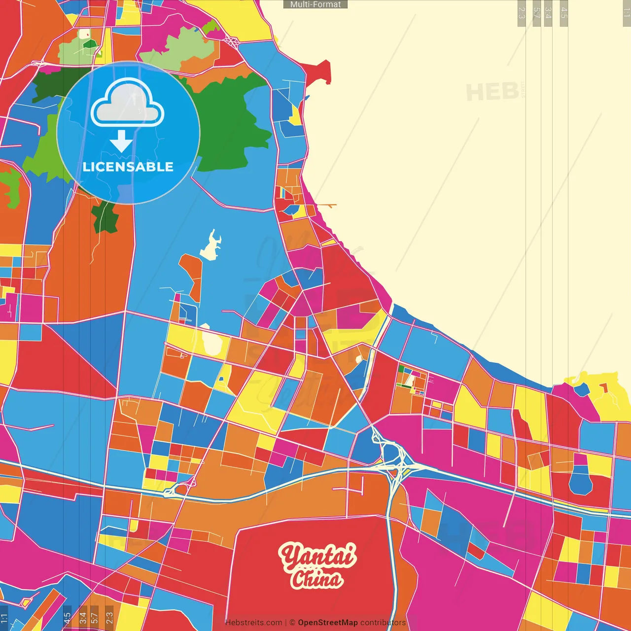 Yantai, Shandong, China Crazy Colorful Street Map Poster Template
