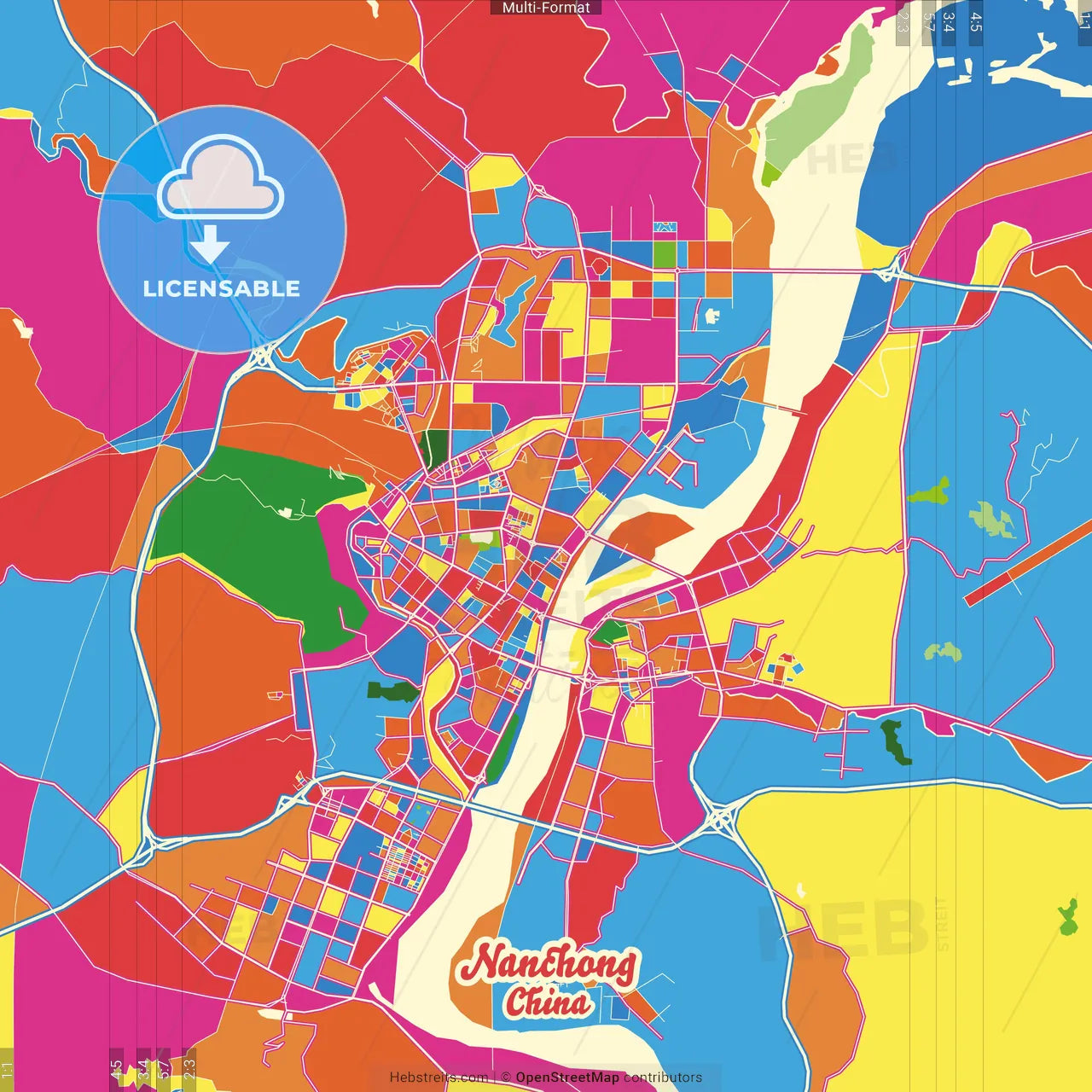 Nanchong, Sichuan, China Crazy Colorful Street Map Poster Template