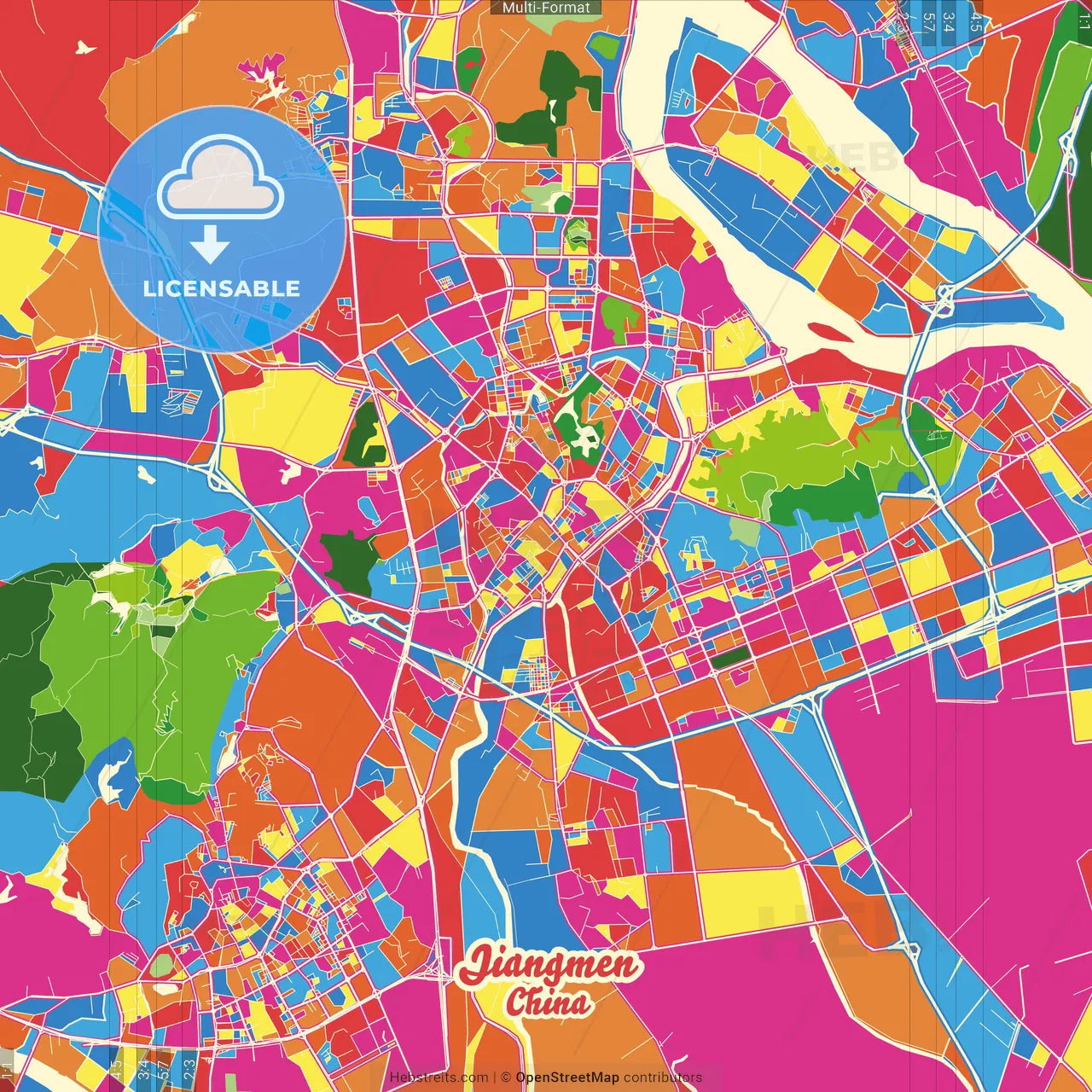 Jiangmen, Guangdong, China Crazy Colorful Street Map Poster Template