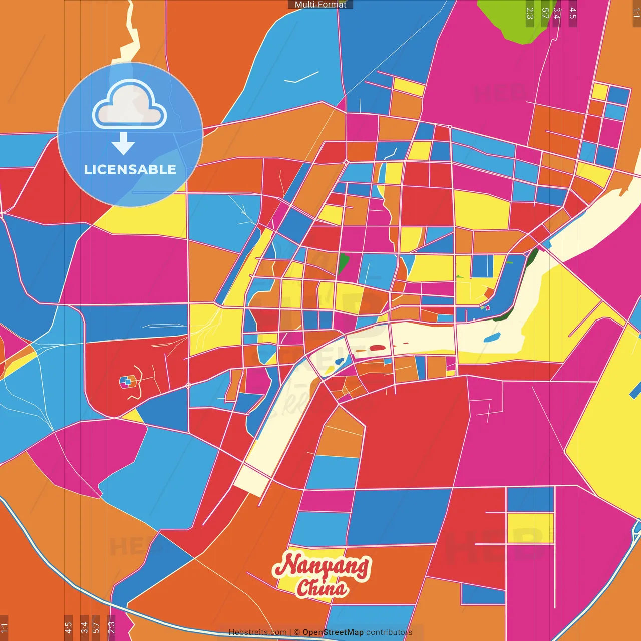 Nanyang, Henan, China Crazy Colorful Street Map Poster Template