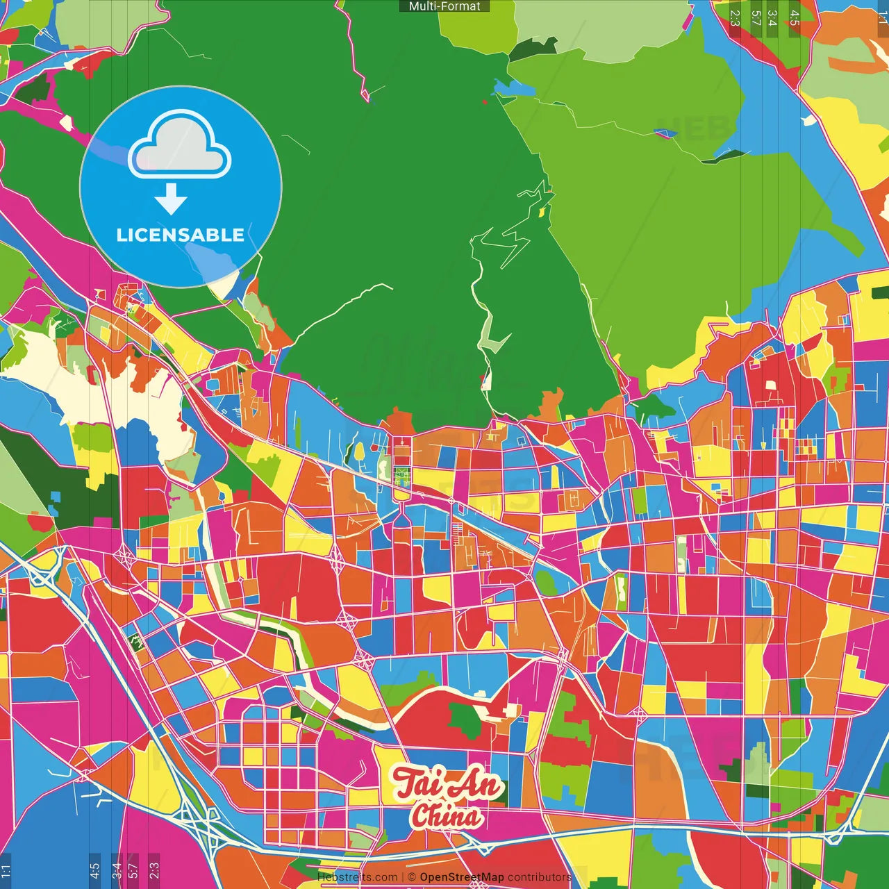 Tai an, Shandong, China Crazy Colorful Street Map Poster Template