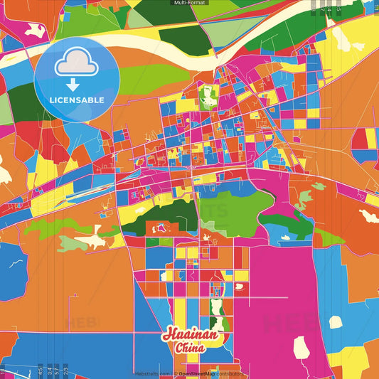 Huainan, Anhui, China Crazy Colorful Street Map Poster Template