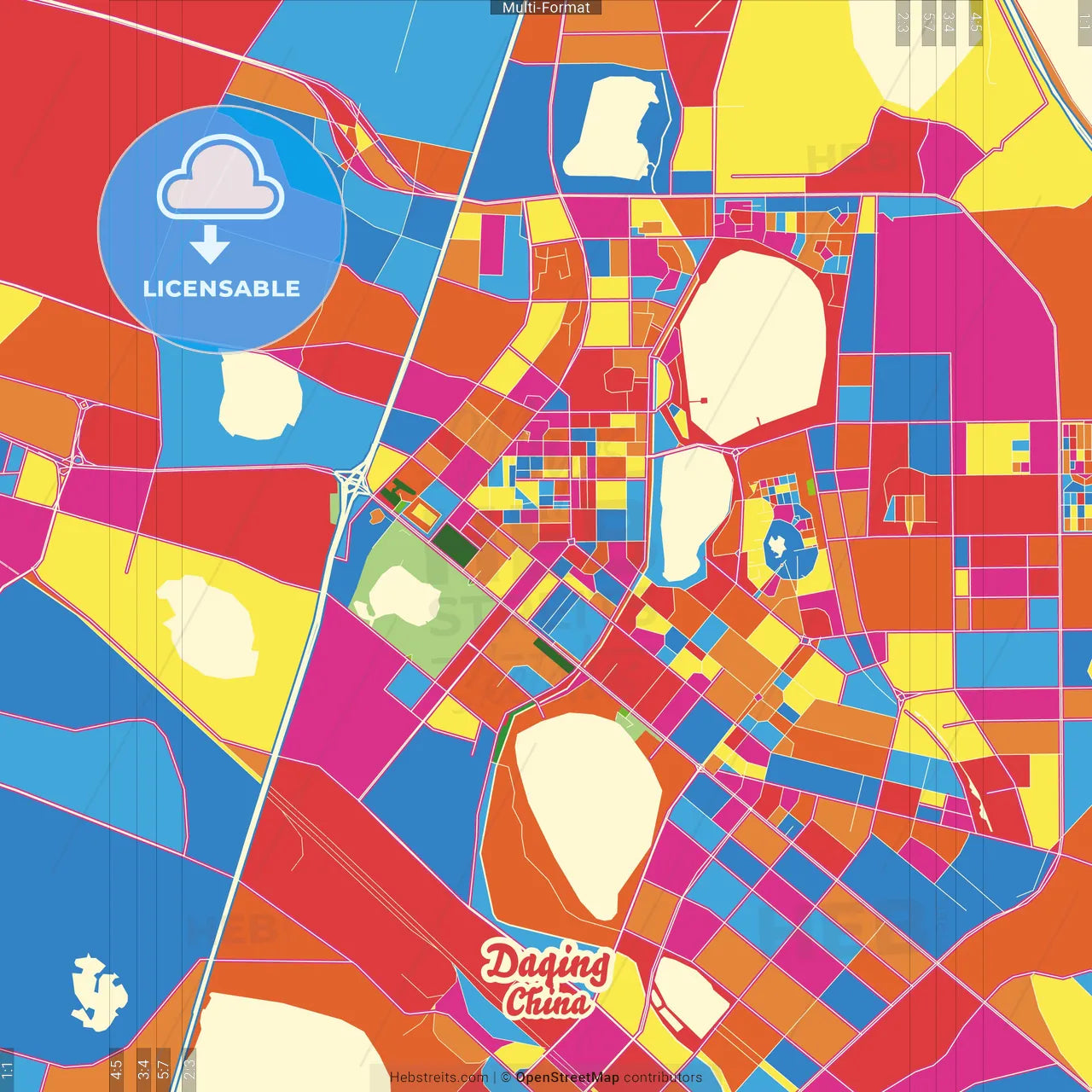 Daqing, Heilongjiang, China Crazy Colorful Street Map Poster Template