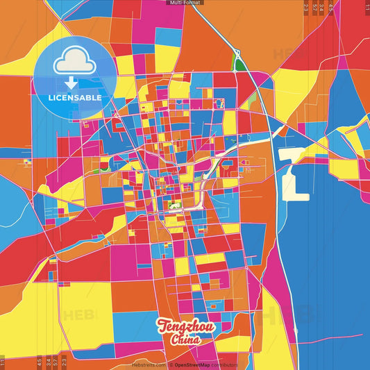 Tengzhou, Shandong, China Crazy Colorful Street Map Poster Template