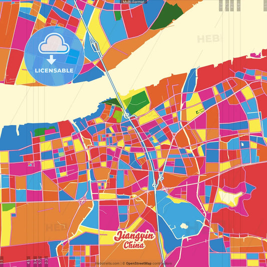 Jiangyin, Jiangsu, China Crazy Colorful Street Map Poster Template