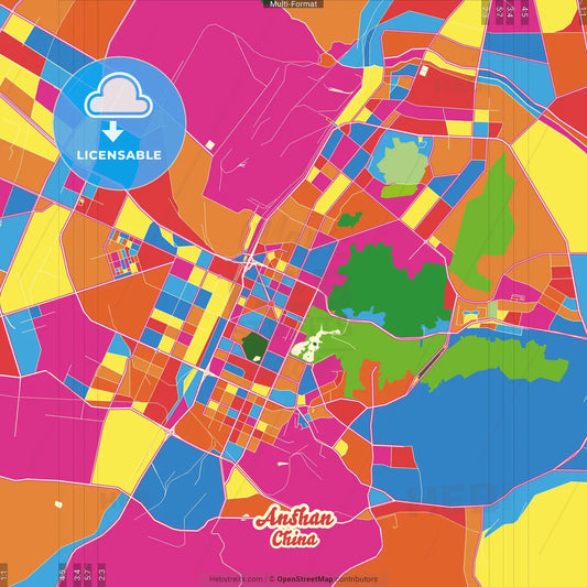 Anshan, Liaoning, China Crazy Colorful Street Map Poster Template