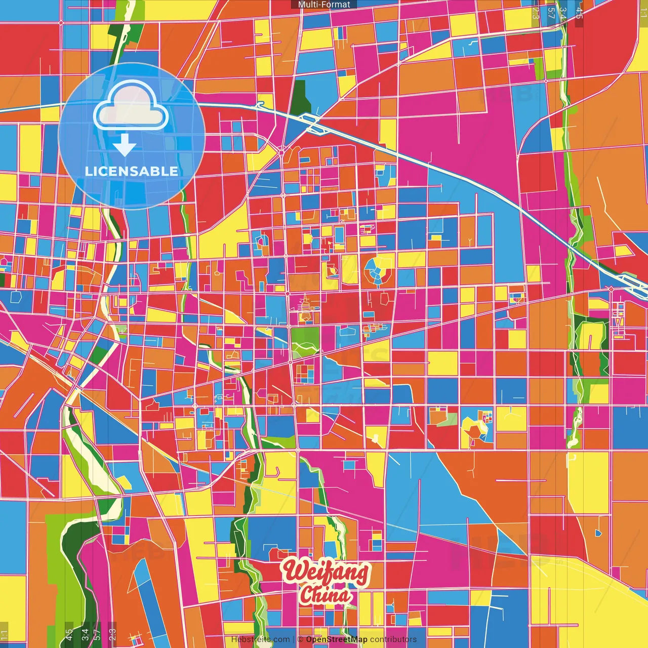 Weifang, Shandong, China Crazy Colorful Street Map Poster Template