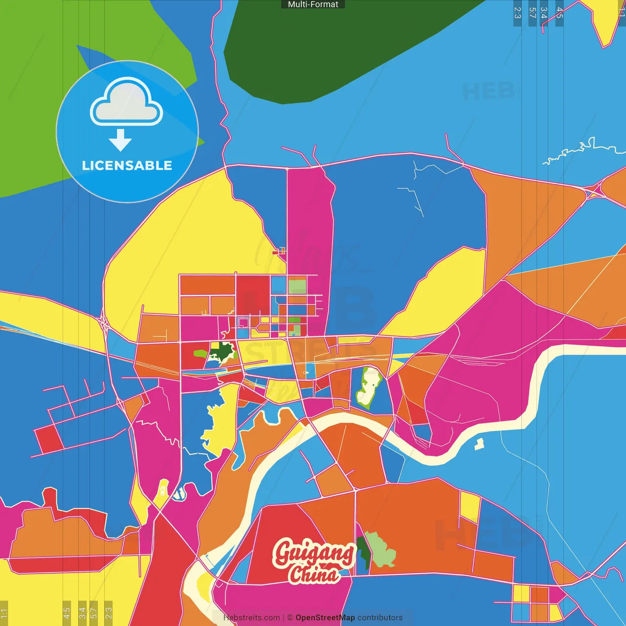 Guigang, Guangxi, China Crazy Colorful Street Map Poster Template