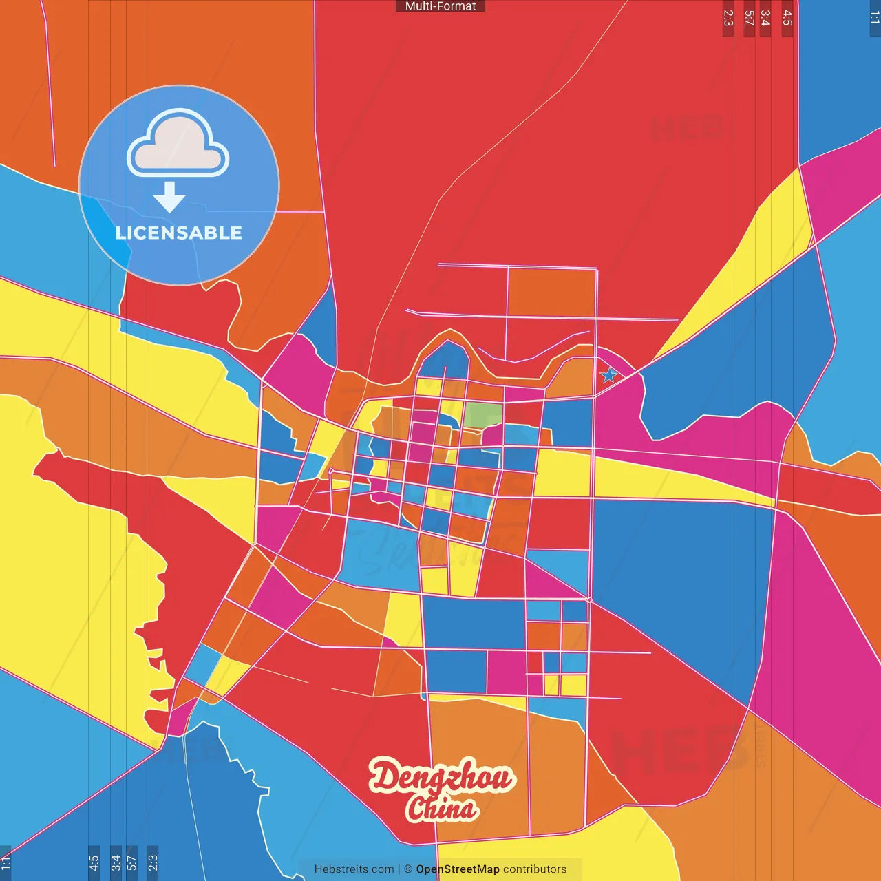Dengzhou, Henan, China Crazy Colorful Street Map Poster Template