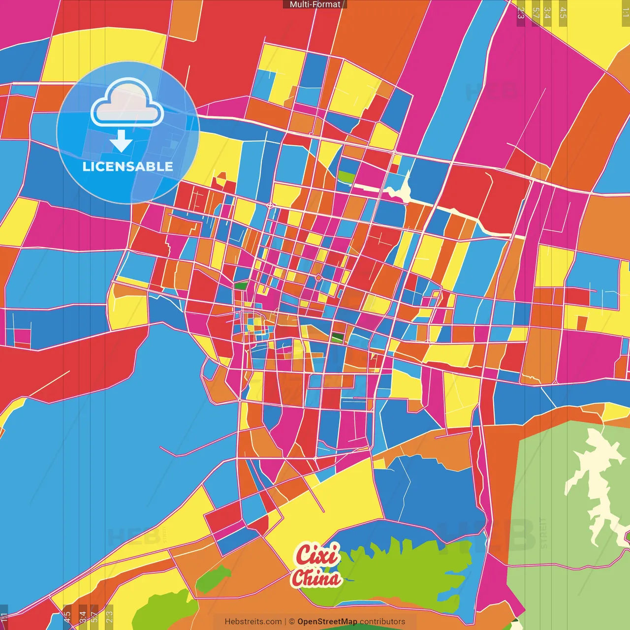 Cixi, Zhejiang, China Crazy Colorful Street Map Poster Template