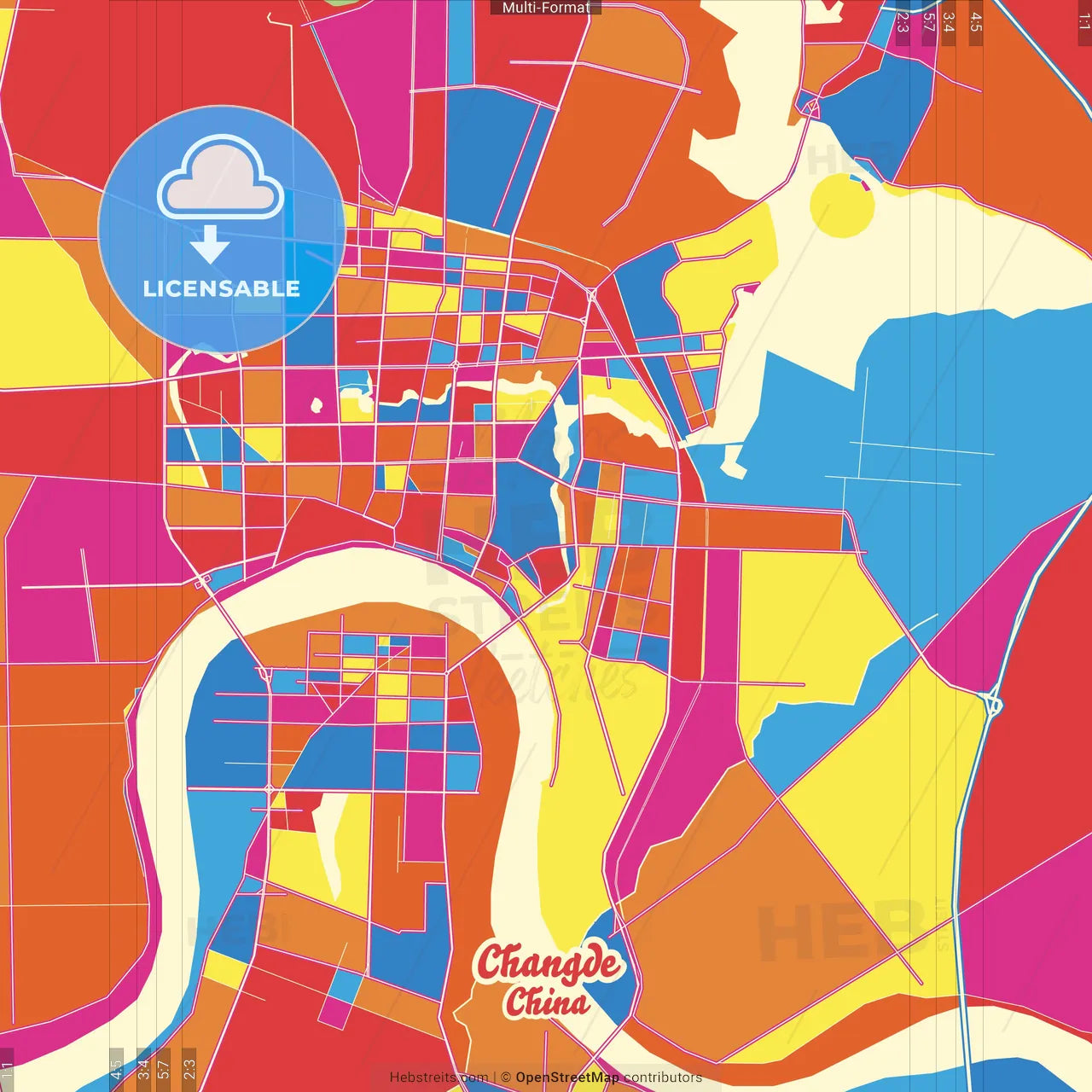 Changde, Hunan, China Crazy Colorful Street Map Poster Template