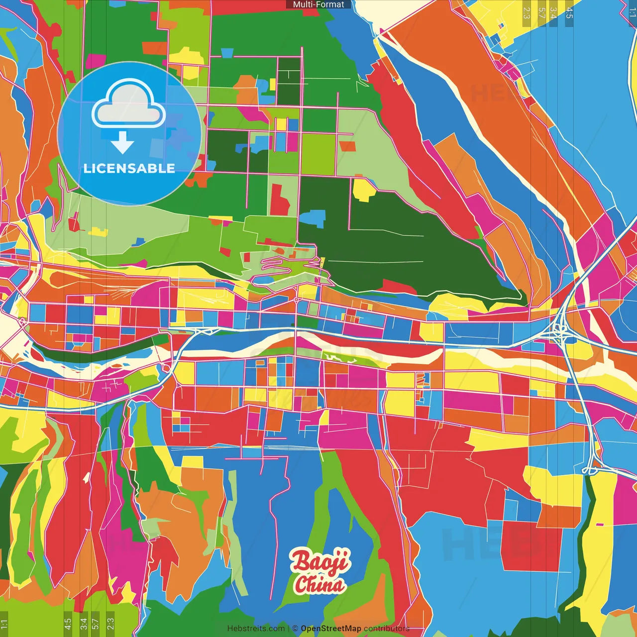 Baoji, Shaanxi, China Crazy Colorful Street Map Poster Template