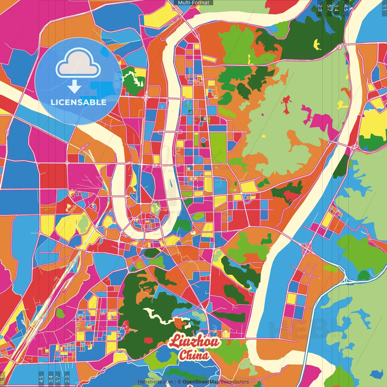 Liuzhou, Guangxi, China Crazy Colorful Street Map Poster Template