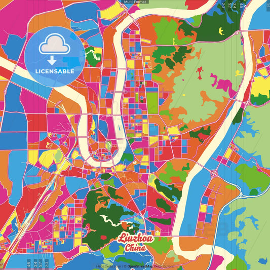 Liuzhou, Guangxi, China Crazy Colorful Street Map Poster Template