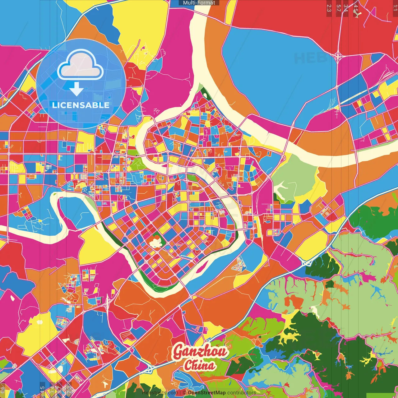 Ganzhou, Jiangxi, China Crazy Colorful Street Map Poster Template