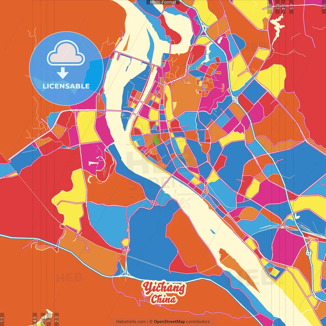 Yichang, Hubei, China Crazy Colorful Street Map Poster Template