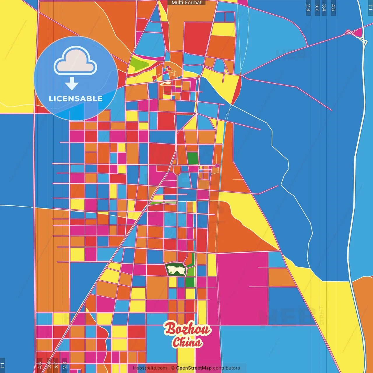Bozhou, Anhui, China Crazy Colorful Street Map Poster Template