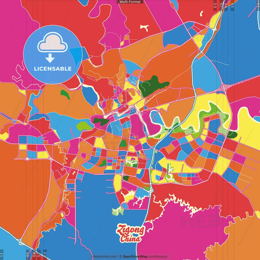 Zigong, Sichuan, China Crazy Colorful Street Map Poster Template