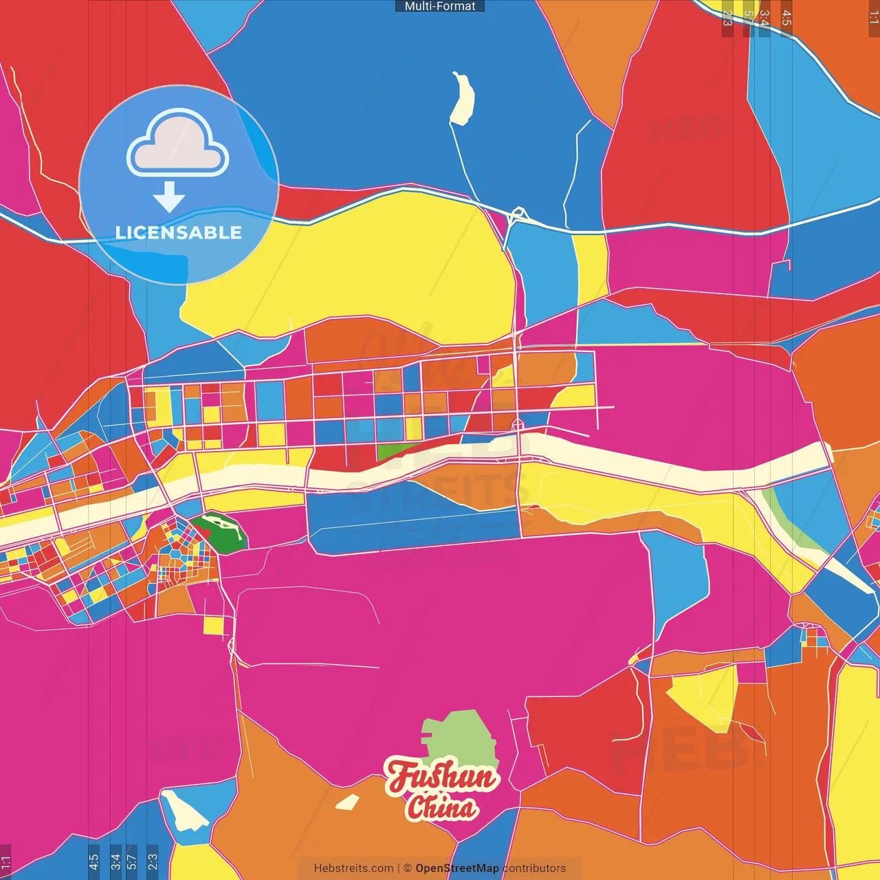 Fushun, Liaoning, China Crazy Colorful Street Map Poster Template