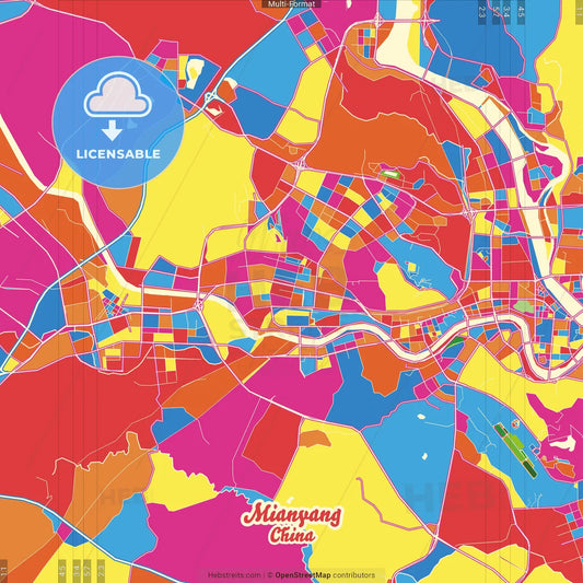 Mianyang, Sichuan, China Crazy Colorful Street Map Poster Template