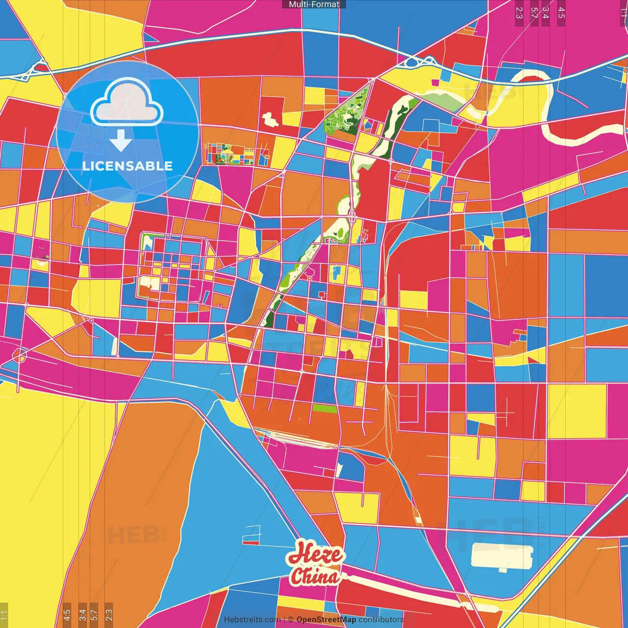 Heze, Shandong, China Crazy Colorful Street Map Poster Template