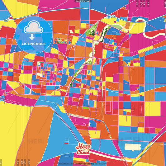 Heze, Shandong, China Crazy Colorful Street Map Poster Template