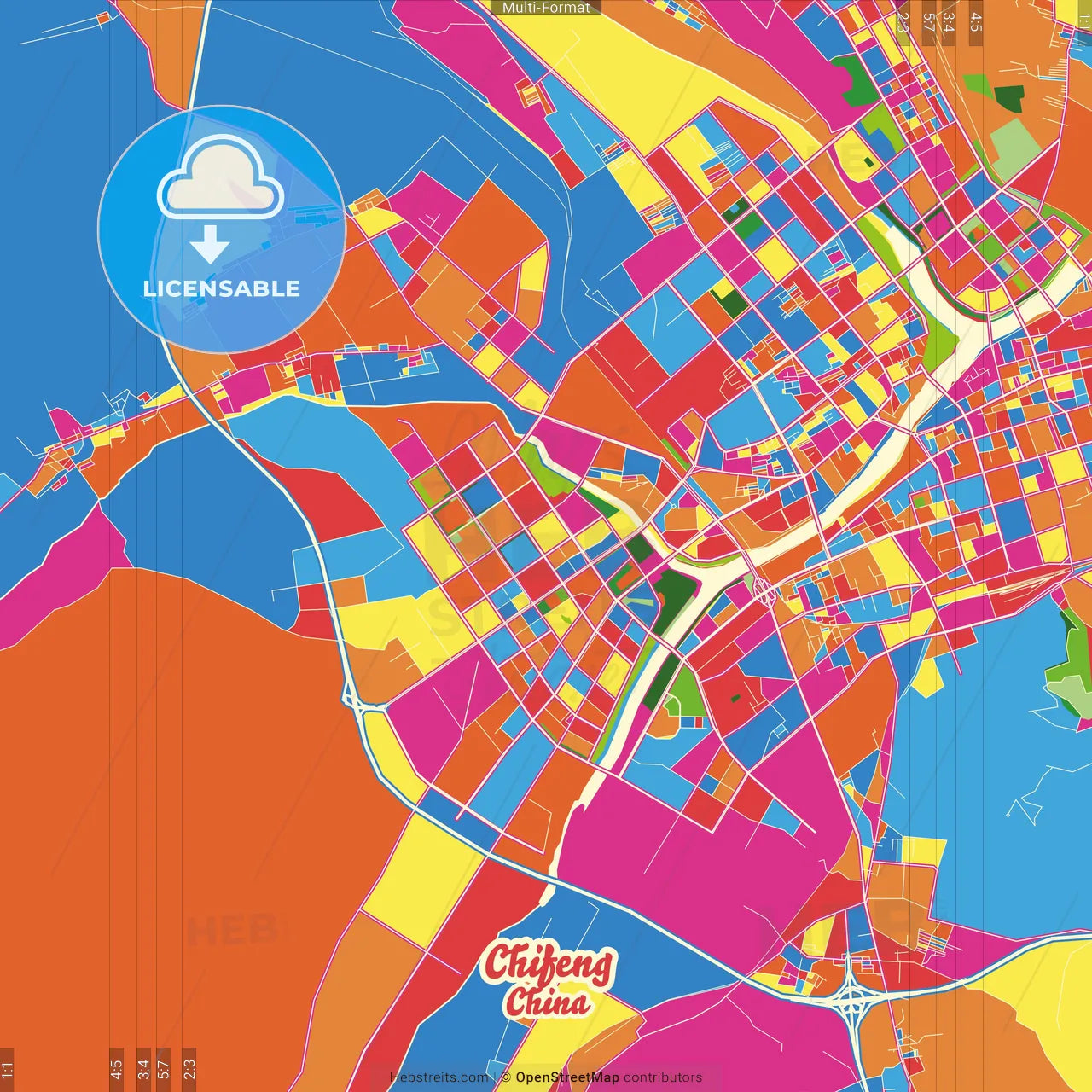 Chifeng, Inner Mongolia, China Crazy Colorful Street Map Poster Template