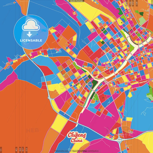Chifeng, Inner Mongolia, China Crazy Colorful Street Map Poster Template