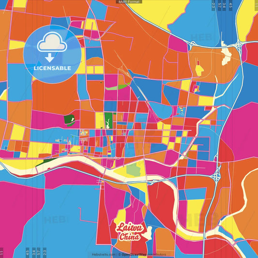 Laiwu, Shandong, China Crazy Colorful Street Map Poster Template
