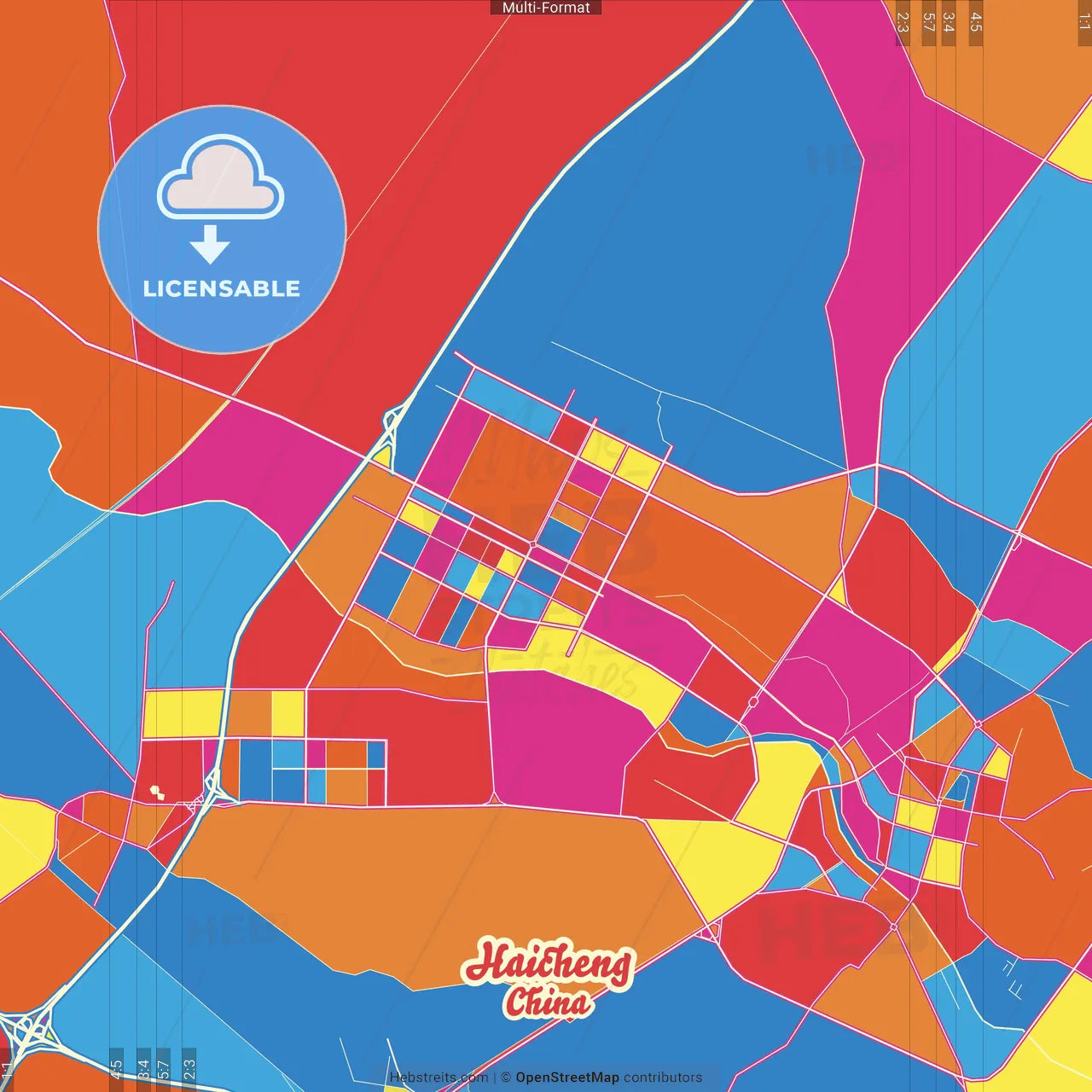 Haicheng, Liaoning, China Crazy Colorful Street Map Poster Template
