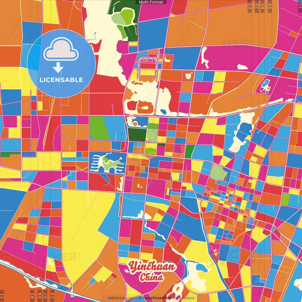 Yinchuan, Ningxia, China Crazy Colorful Street Map Poster Template