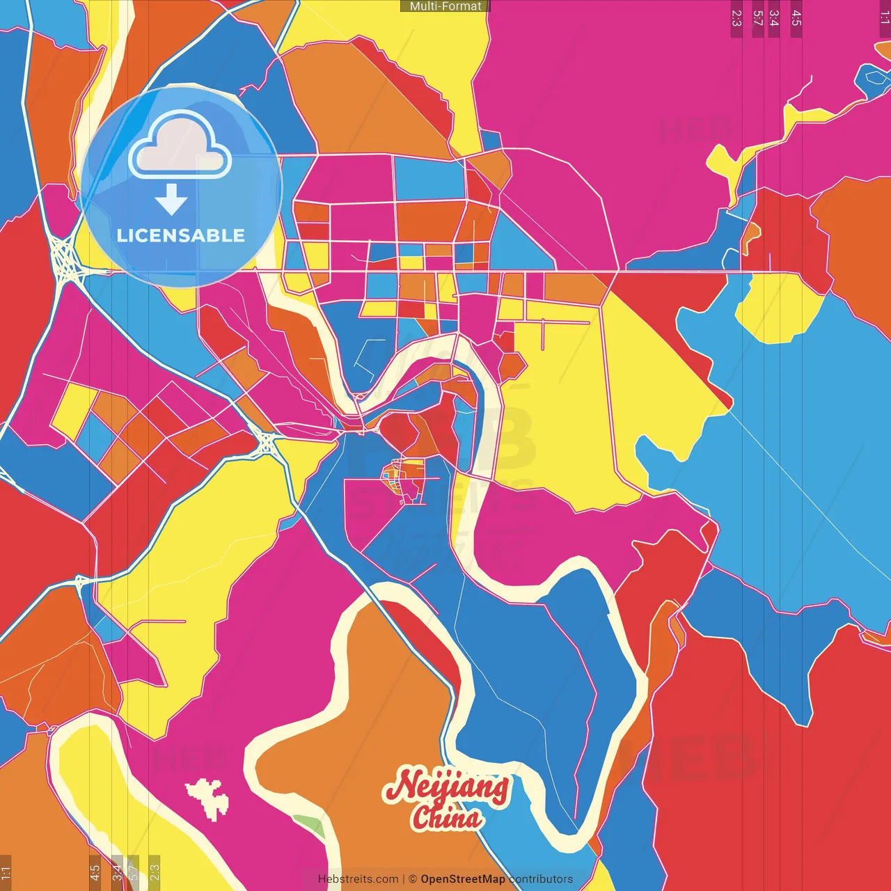 Neijiang, Sichuan, China Crazy Colorful Street Map Poster Template