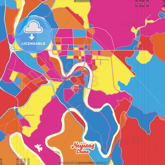 Neijiang, Sichuan, China Crazy Colorful Street Map Poster Template