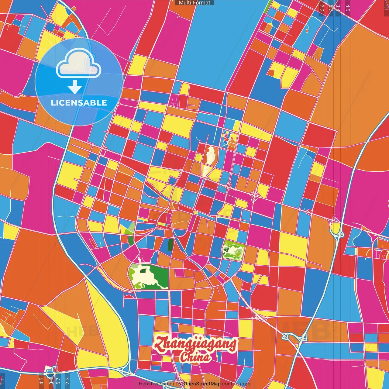 Zhangjiagang, Jiangsu, China Crazy Colorful Street Map Poster Template