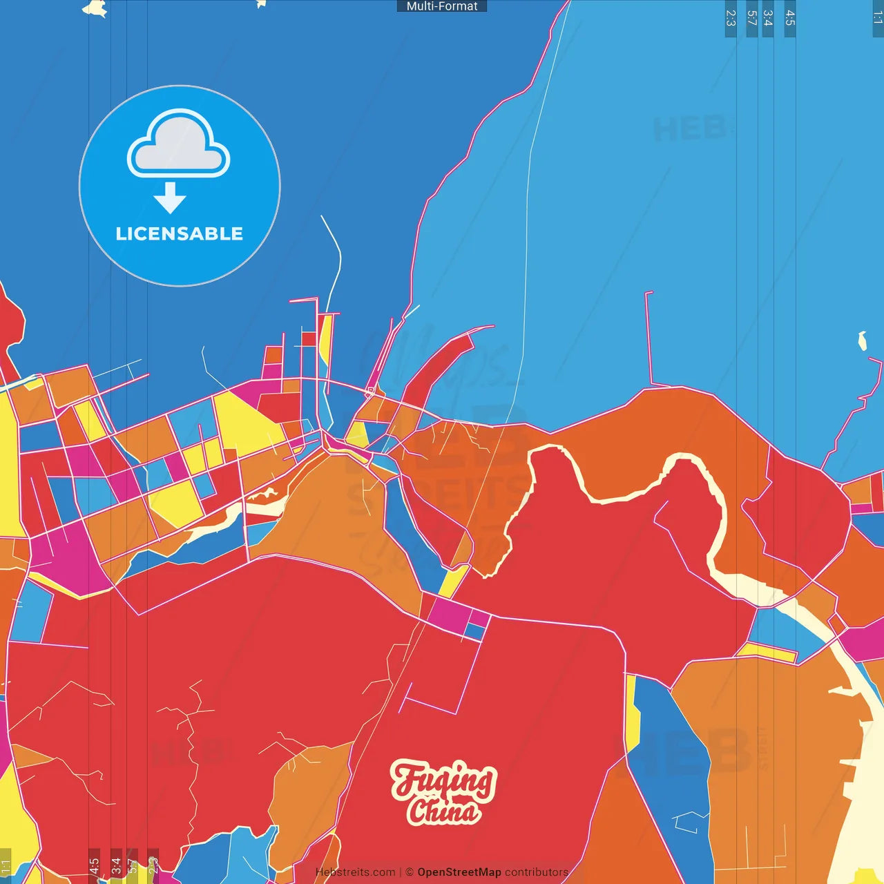 Fuqing, Fujian, China Crazy Colorful Street Map Poster Template