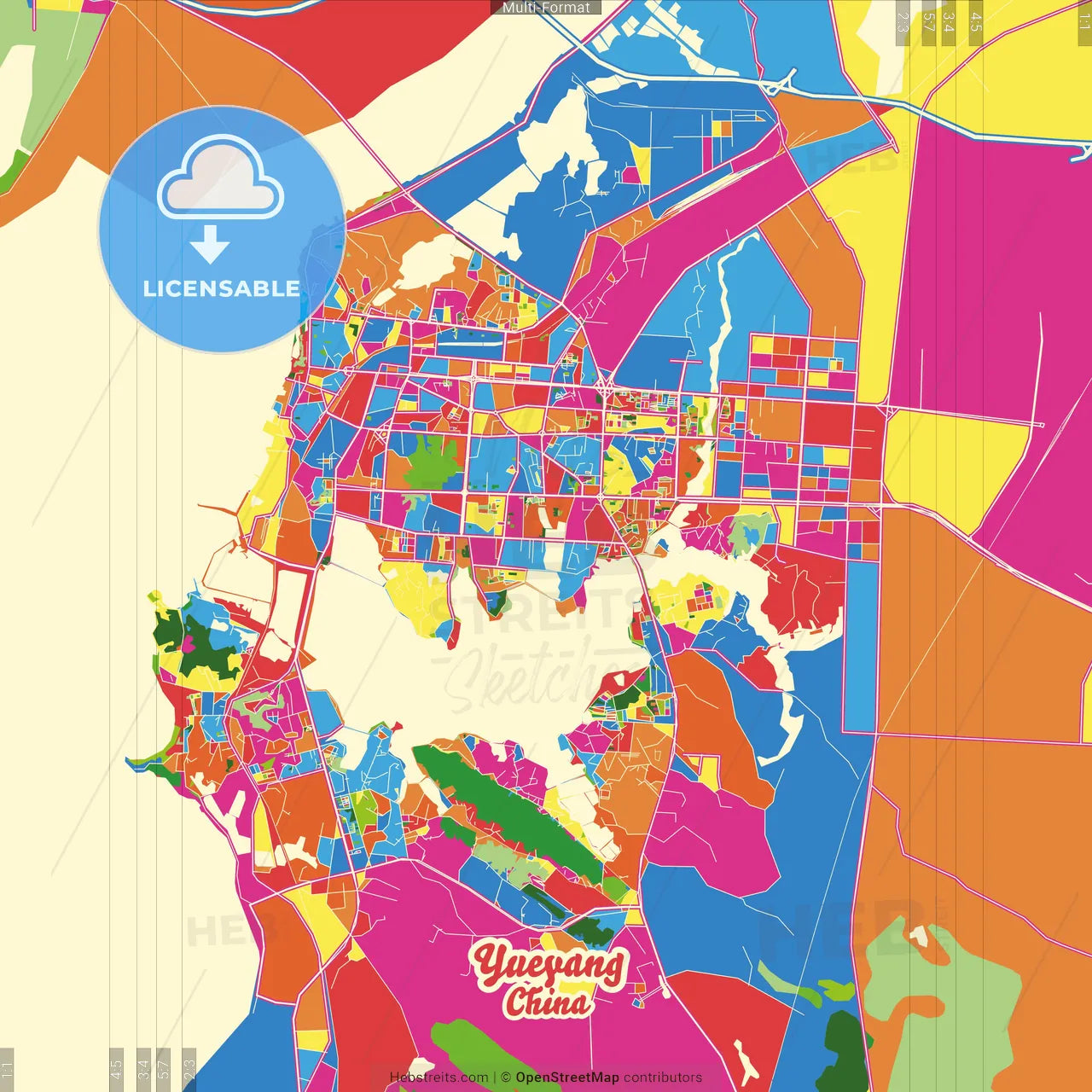 Yueyang, Hunan, China Crazy Colorful Street Map Poster Template