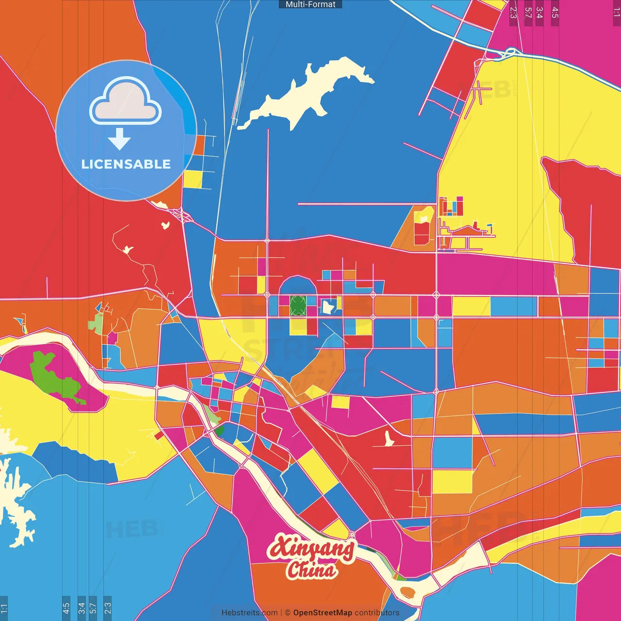 Xinyang, Henan, China Crazy Colorful Street Map Poster Template