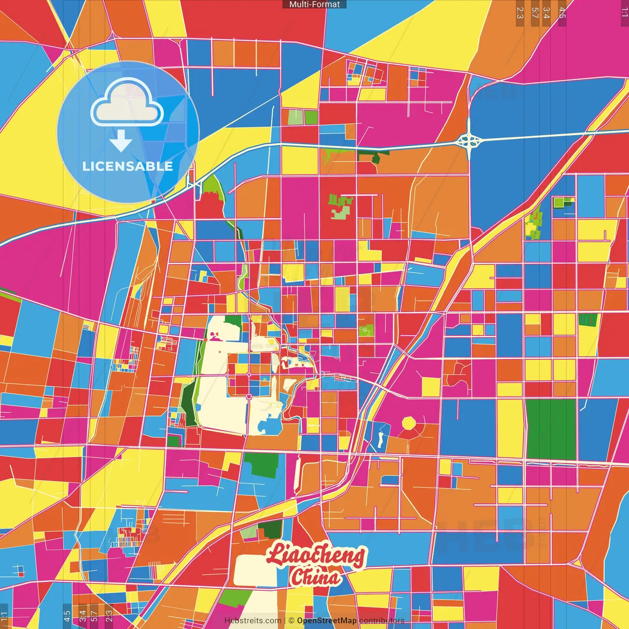 Liaocheng, Shandong, China Crazy Colorful Street Map Poster Template