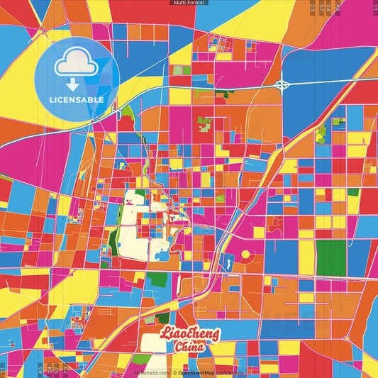 Liaocheng, Shandong, China Crazy Colorful Street Map Poster Template