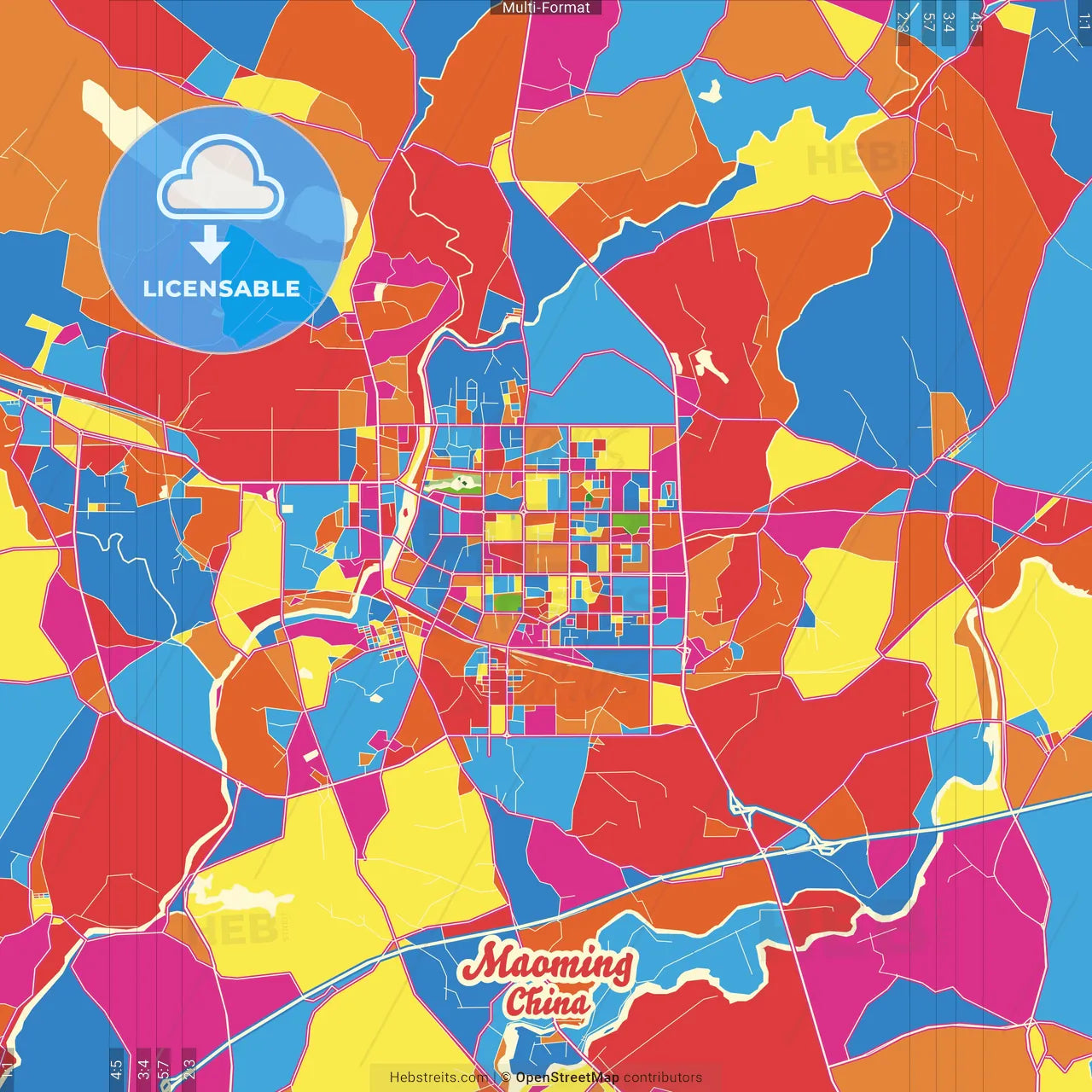 Maoming, Guangdong, China Crazy Colorful Street Map Poster Template