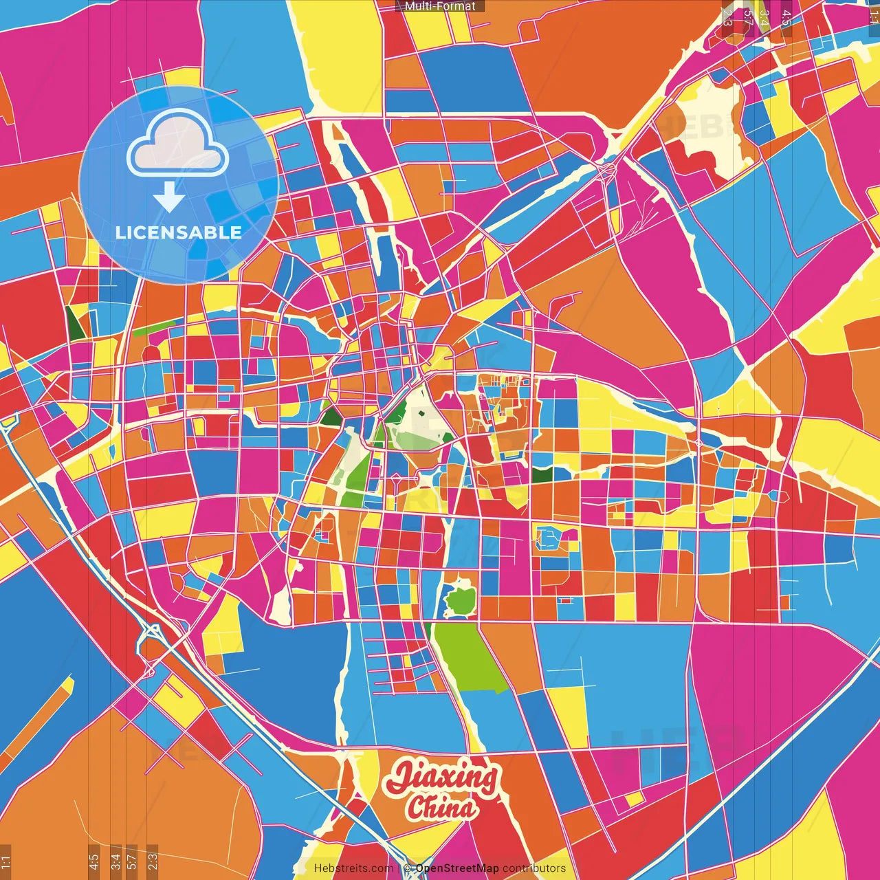 Jiaxing, Zhejiang, China Crazy Colorful Street Map Poster Template