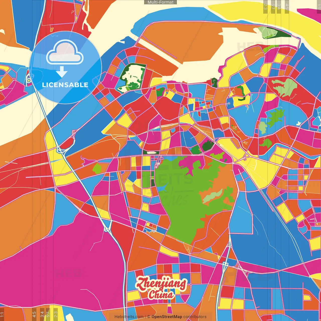 Zhenjiang, Jiangsu, China Crazy Colorful Street Map Poster Template