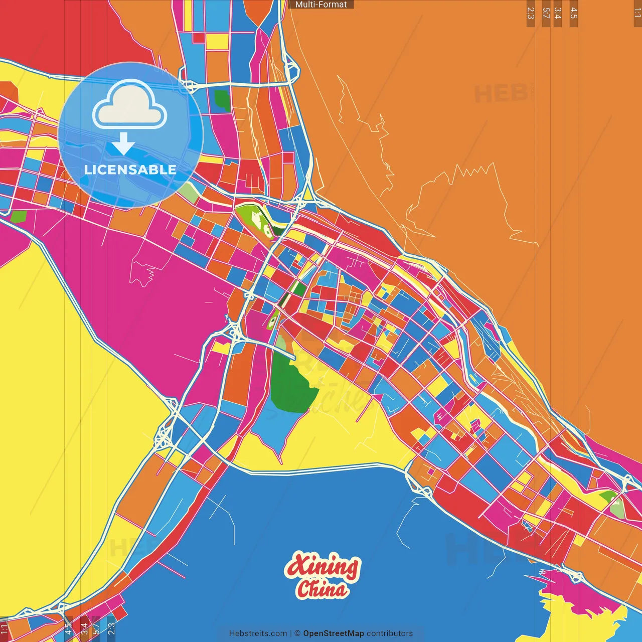 Xining, Qinghai, China Crazy Colorful Street Map Poster Template