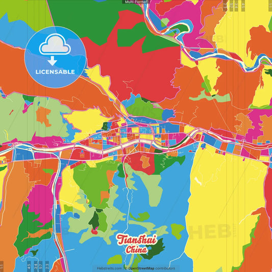 Tianshui, Gansu, China Crazy Colorful Street Map Poster Template