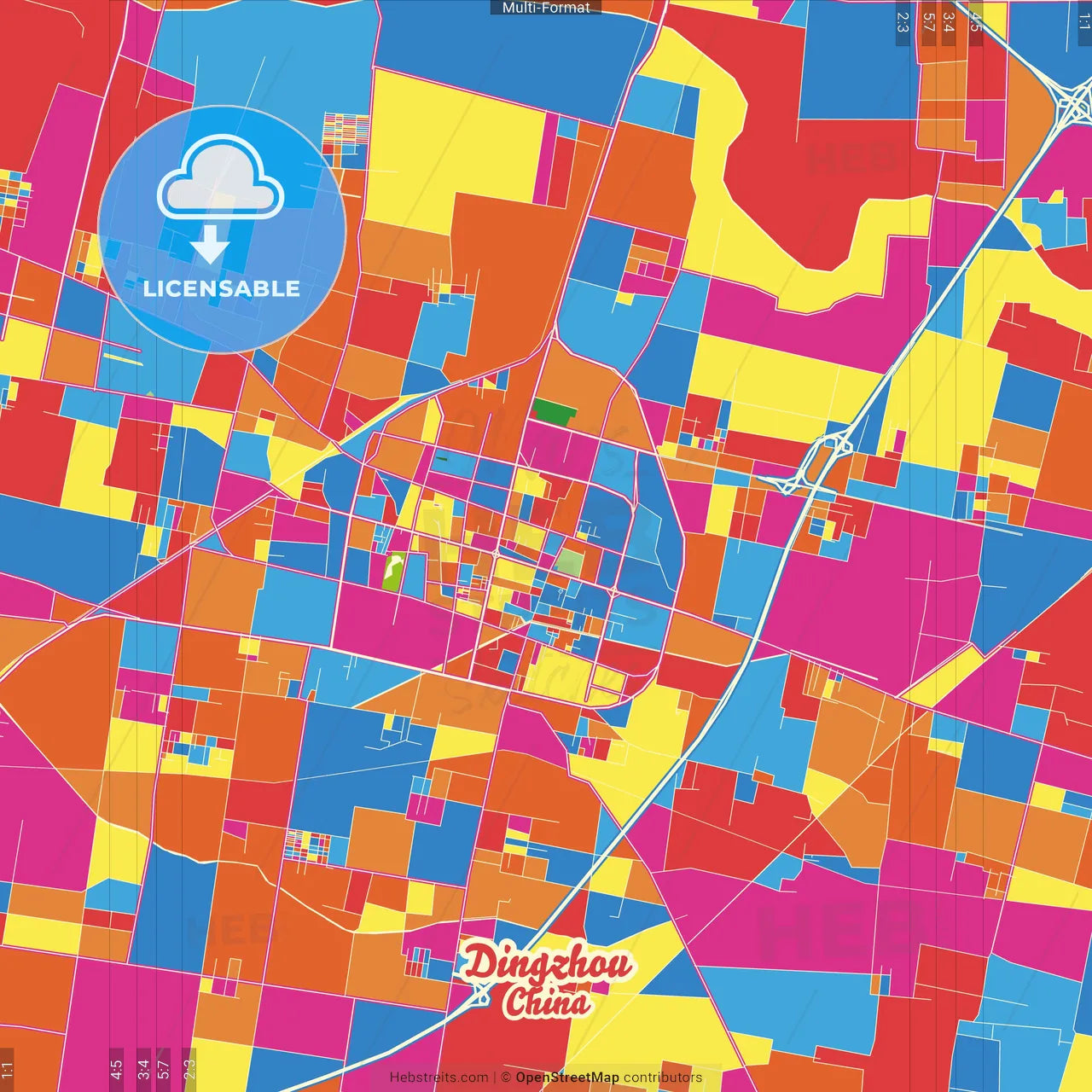 Dingzhou, Hebei, China Crazy Colorful Street Map Poster Template